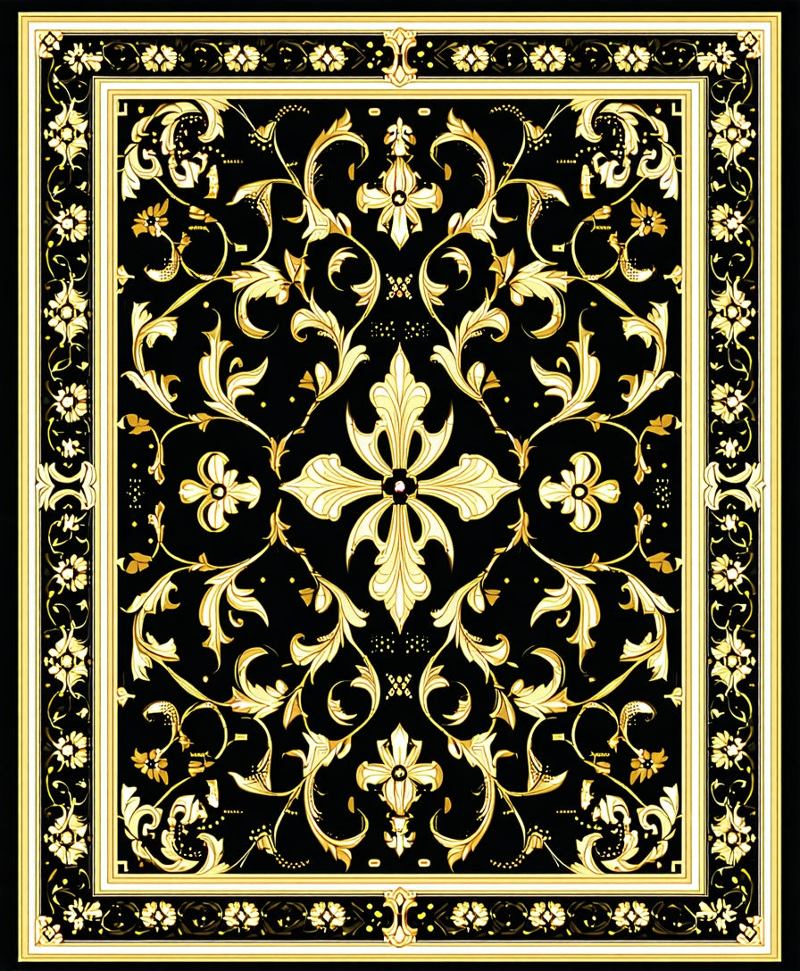 Regal Black Gold Floral Pattern Rug