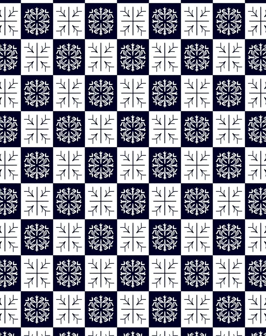 Navy White Checkerboard Floral Tile Rug