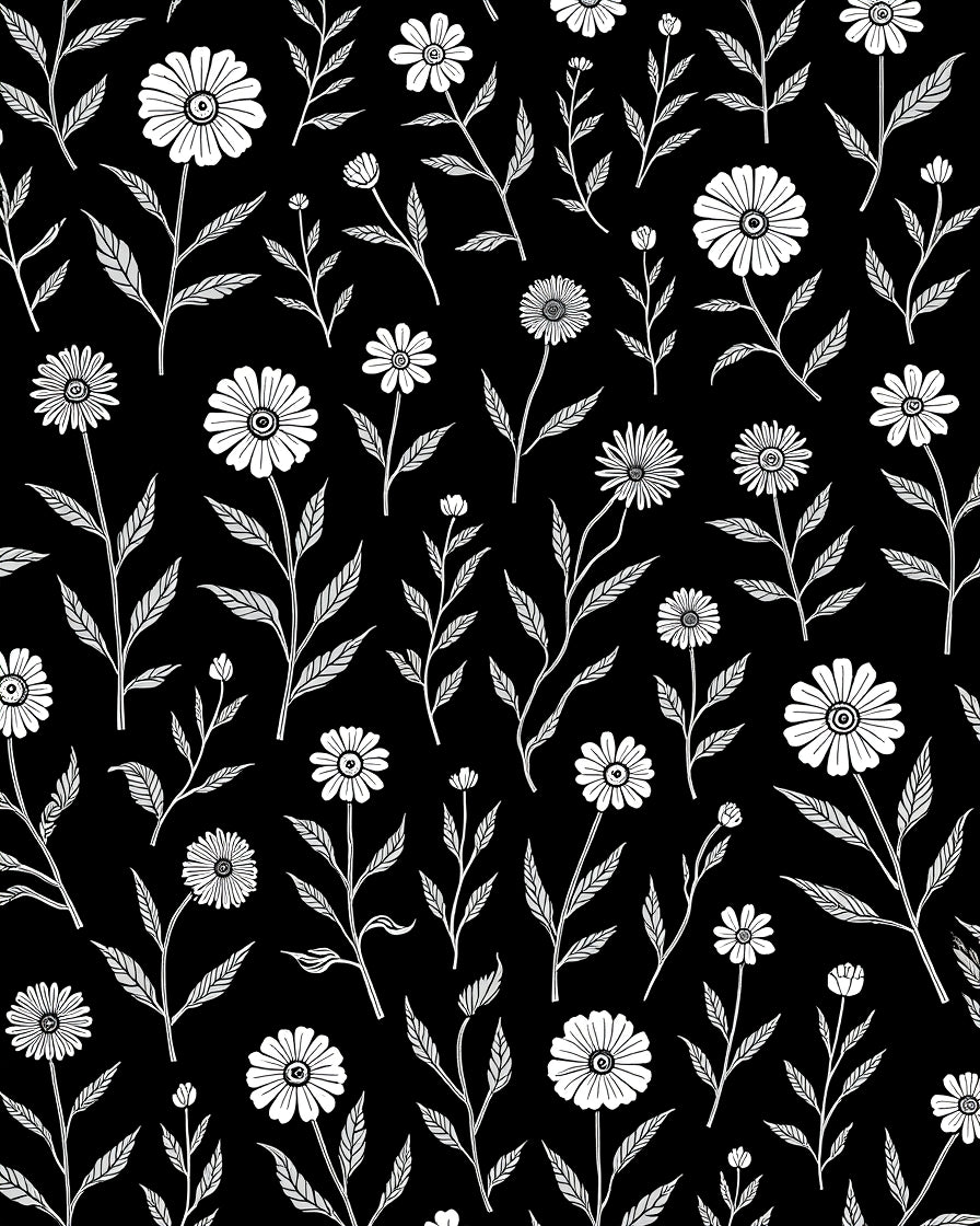 White Daisy Floral Pattern Black Rug