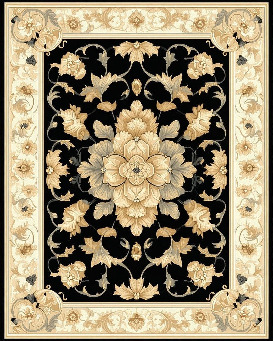 Ornate Floral Vintage Black Rug