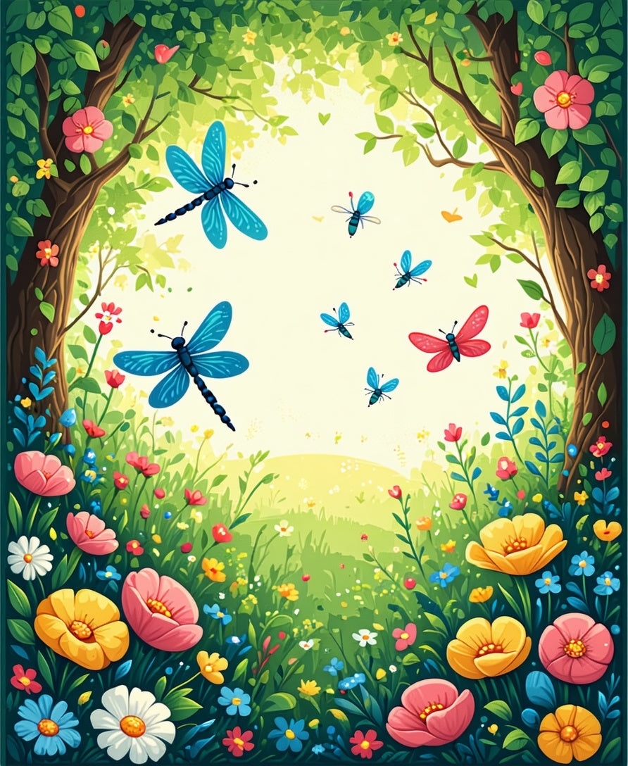 Whimsical Dragonflies Flower Meadow Design Rug
