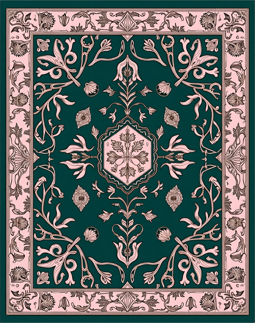 Emerald And Pink Floral Art Nouveau Rug