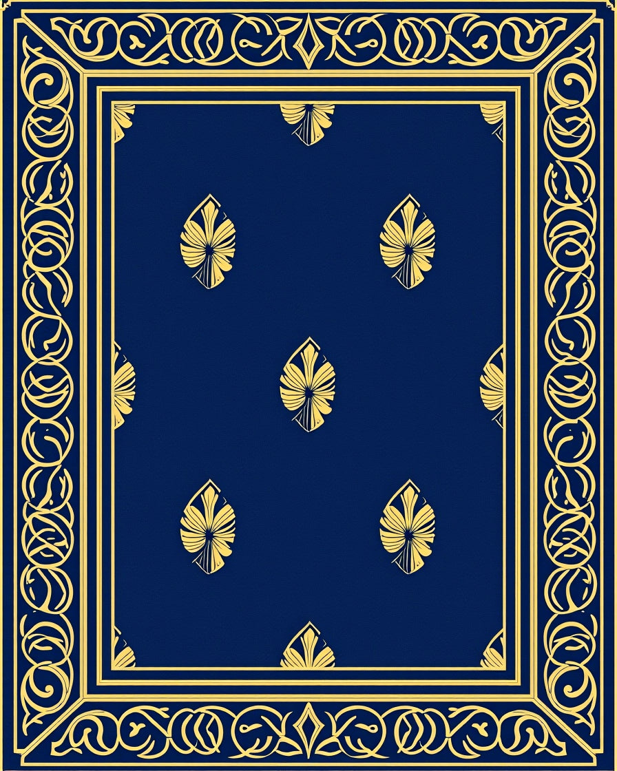 Navy Blue Gold Leaf Borderrug Rug