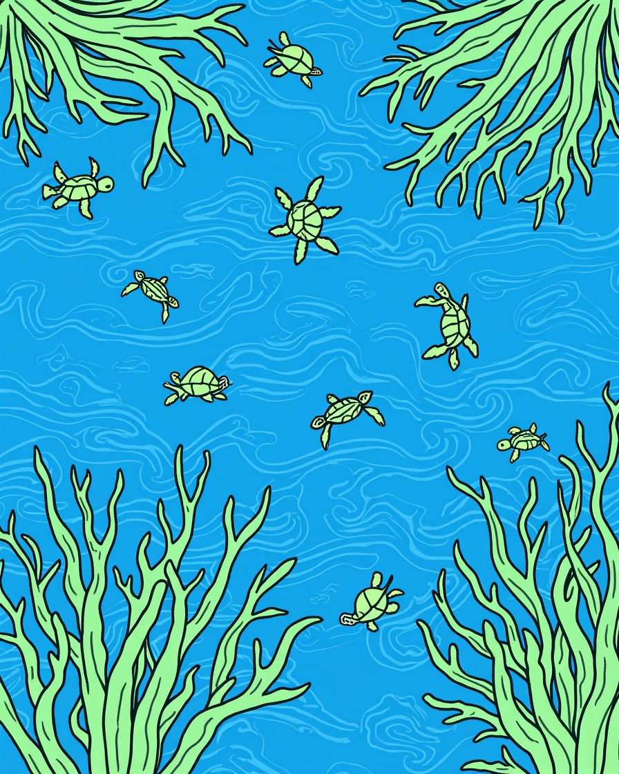Sea Turtle Pattern With Kelp Design Rug