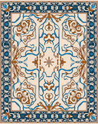 Ornate Blue Brown Floral Scroll Design Rug