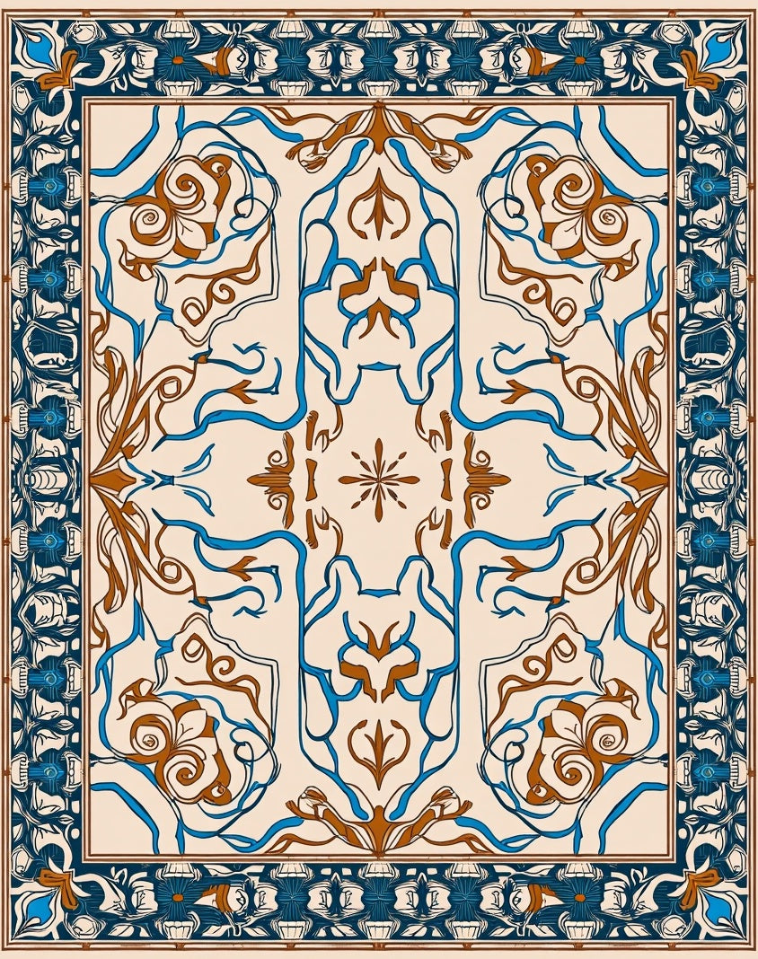 Ornate Blue Brown Floral Scroll Design Rug