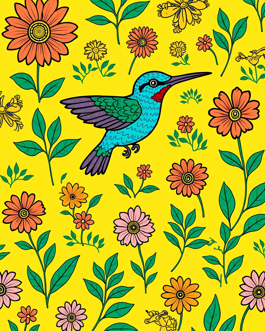 Vibrant Hummingbird And Floral Pattern Rug
