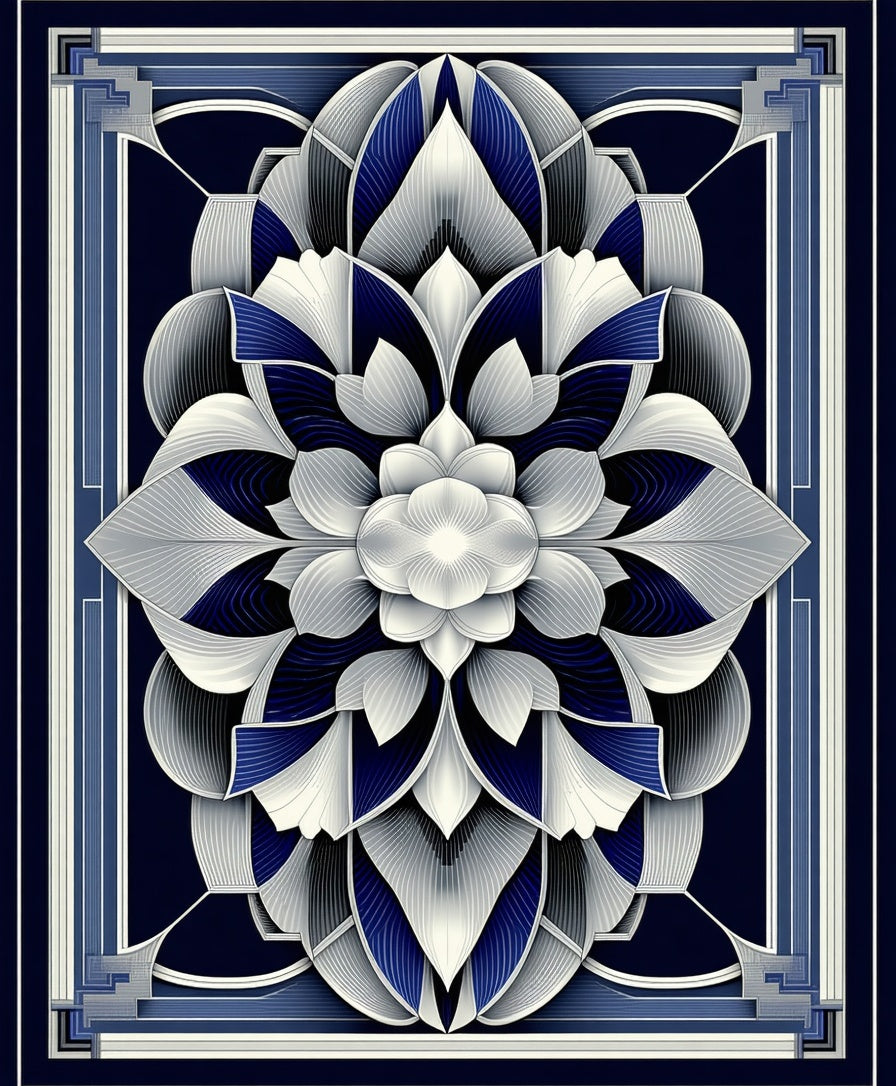Art Deco Navy Blue Lotus Design Rug
