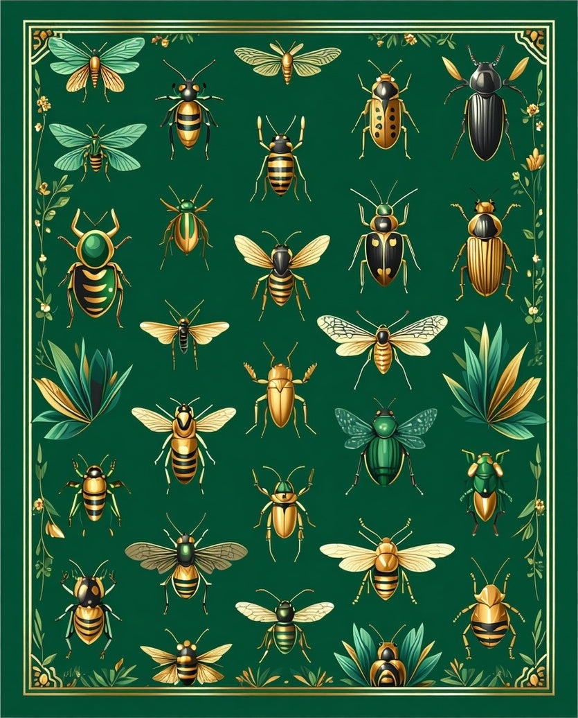 Insects Botanical Pattern Green Golden Rug