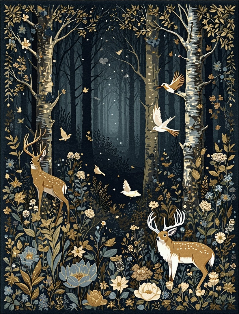 Enchanted Forest Deer Birds Floral Rug