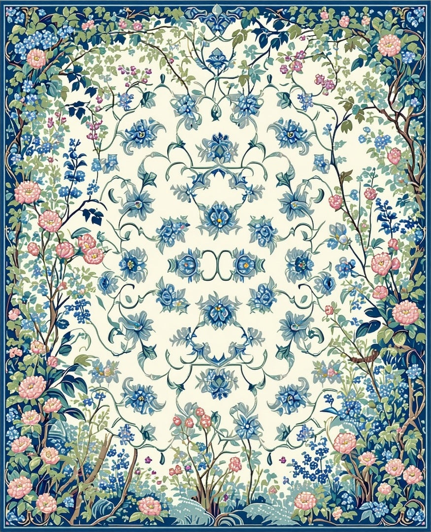 Floral Meadow Garden Blue Cream Rug