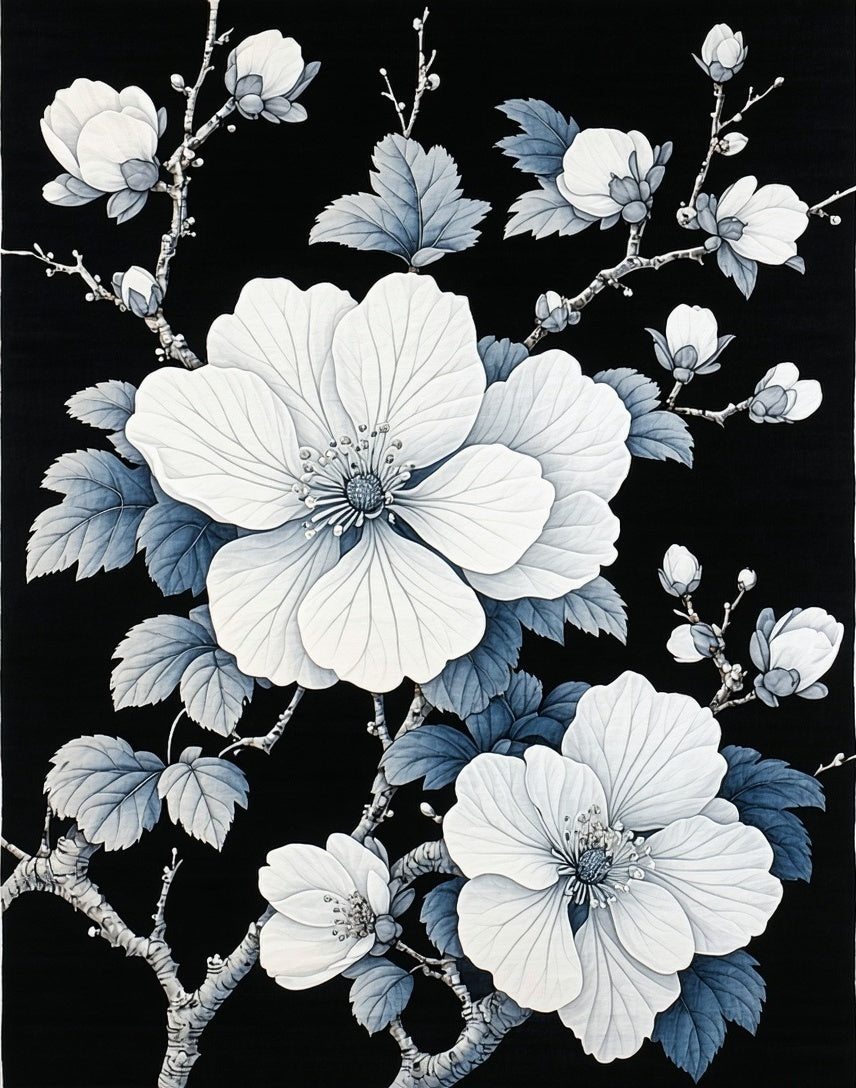 Elegant White Floral Branches Pattern Rug