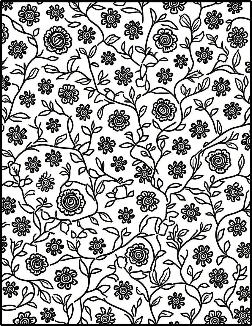 Vine and Floral Black White Pattern Rug