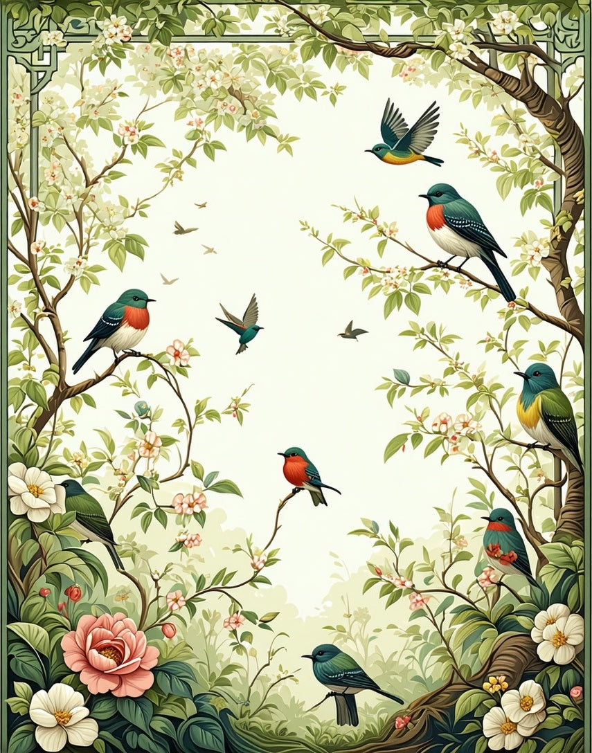 Whimsical Birds Blooming Branches Design Rug
