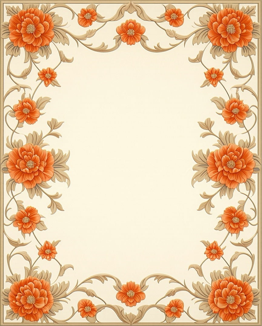 Orange Floral Scroll Pattern Rug