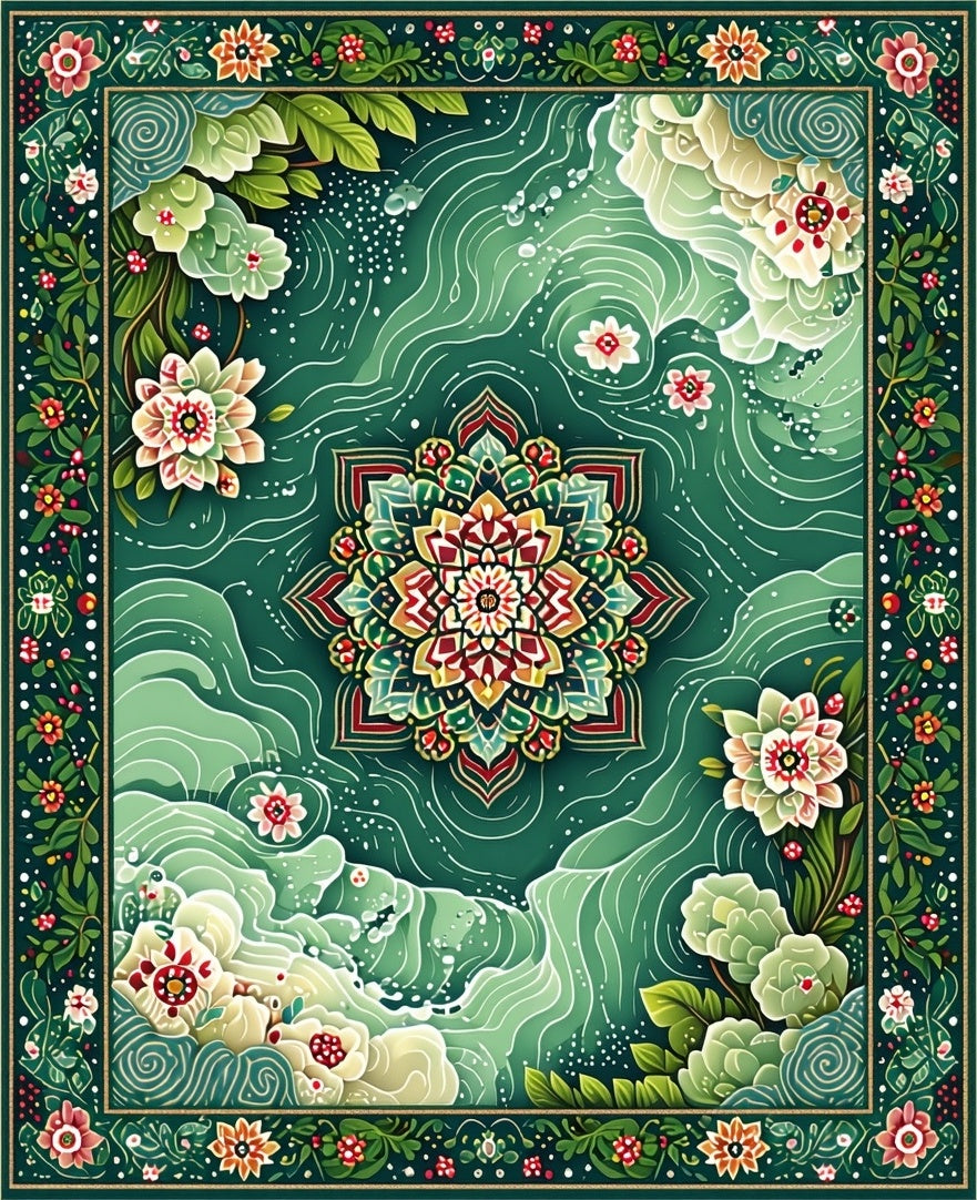 Emerald Floral Mandala Patterned Rug