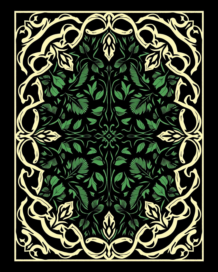 Elegant Emerald Leaf Scroll Mandala Rug