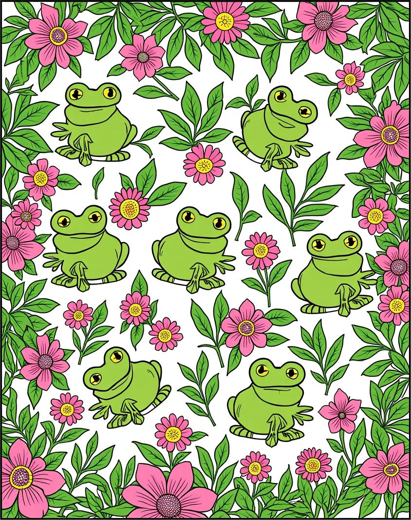 Green Frogs and Pink Flowers Pattern Rug