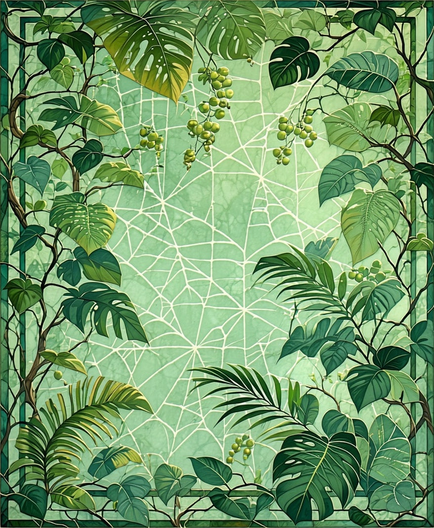Lush Greenery Spiderweb Tropical Design Rug