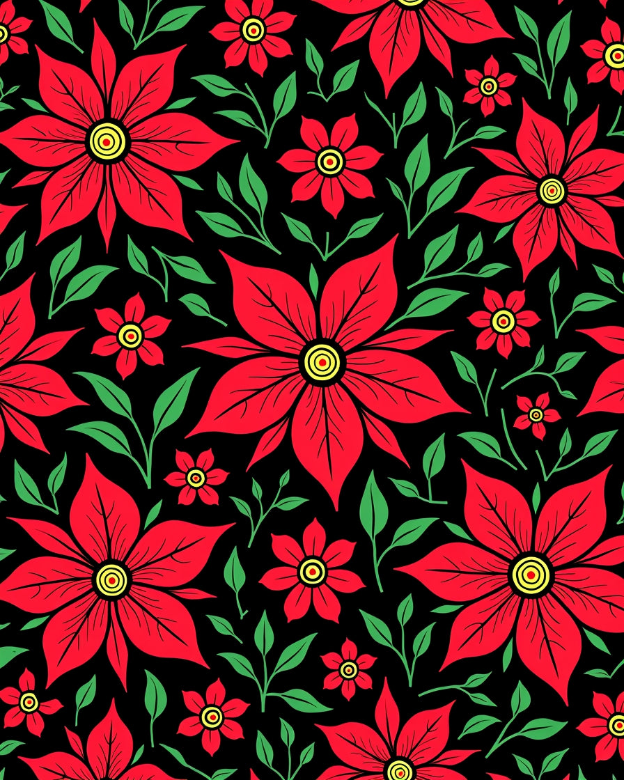 Bold Red Poinsettia Floral Black Rug