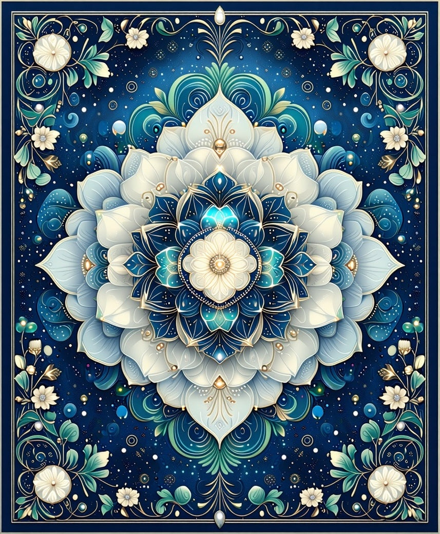 Ornate Blue Floral Mandala Pattern Rug