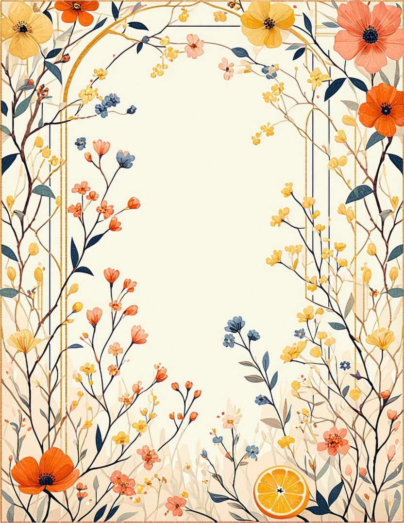 Whimsical Flower Border With Orange Slice Rug