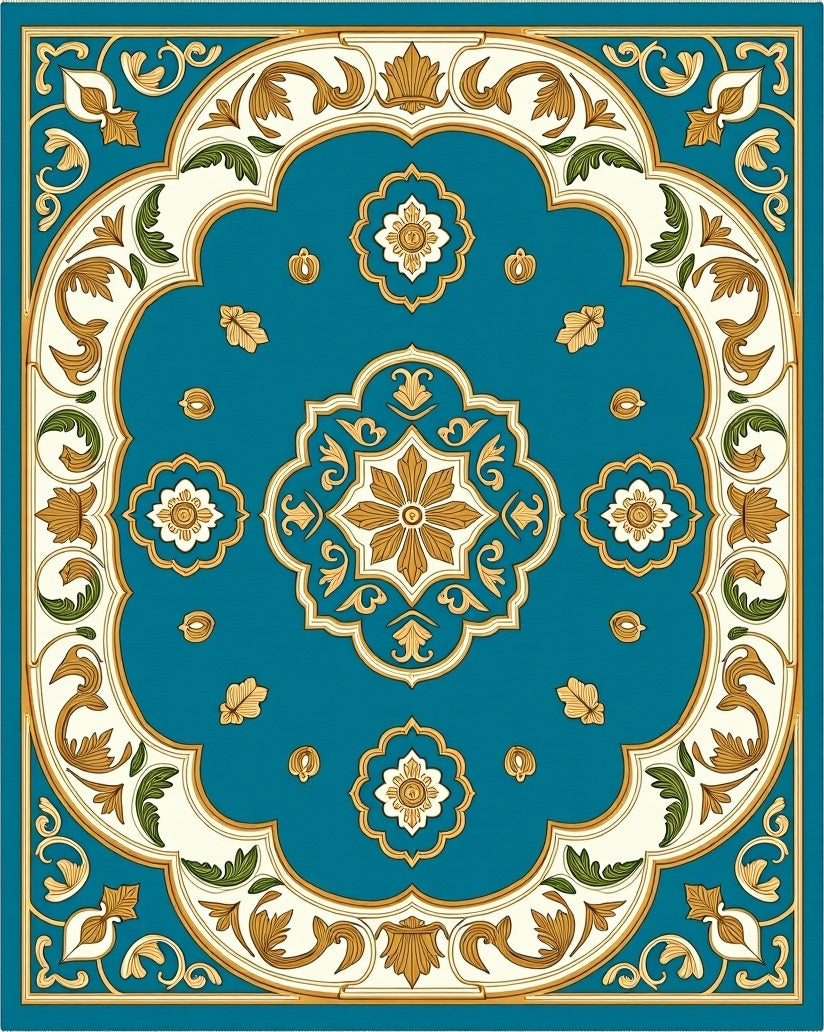 Teal Elegant Floral Medallion Rug