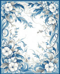 Blue White Floral Scroll Detailed Rug