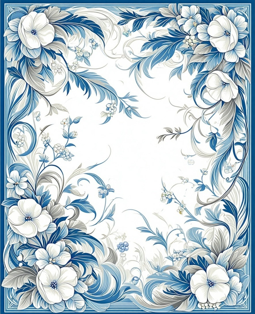 Blue White Floral Scroll Detailed Rug