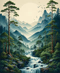 Misty Mountain Waterfall Landscape Scene Rug