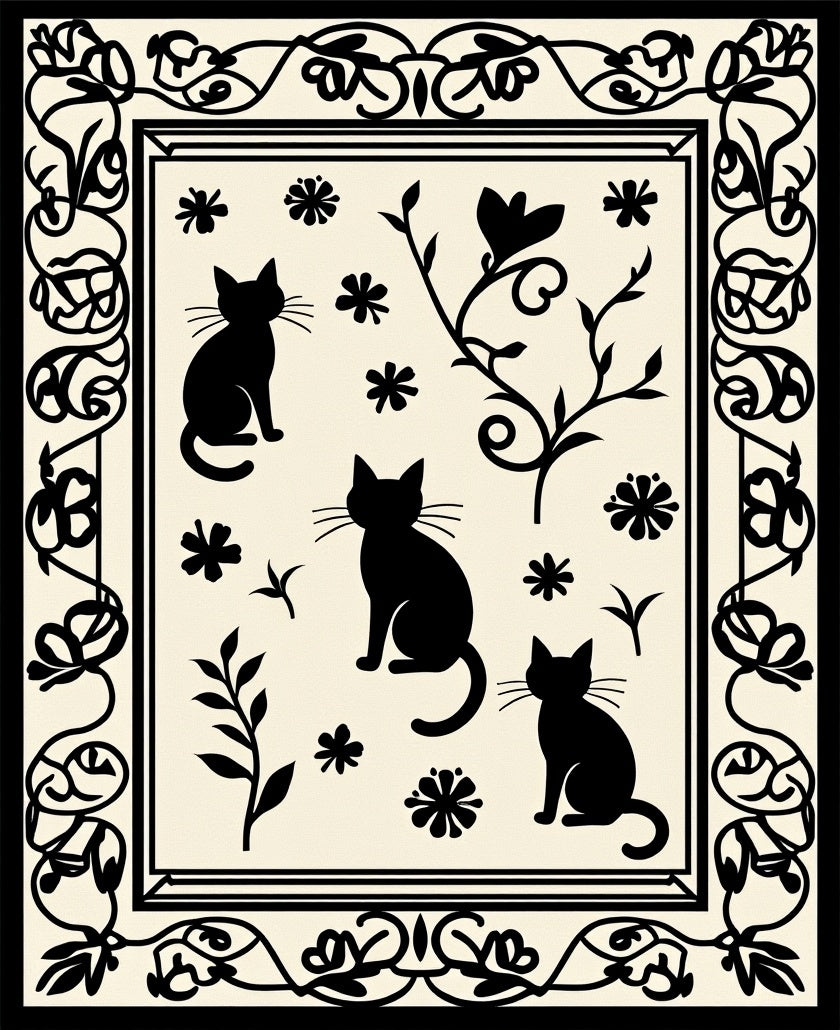 Black Cat Floral Design Rug