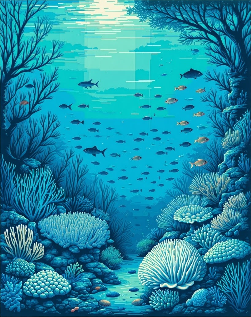 Aquatic Coral Reef Schooling Fish Pattern Rug