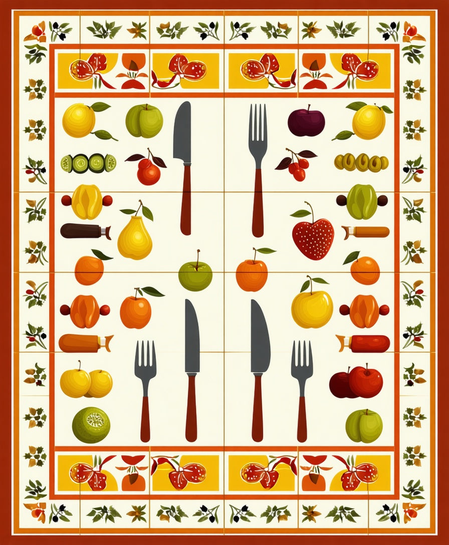 Fruit Utensil Illustrated Pattern Rug