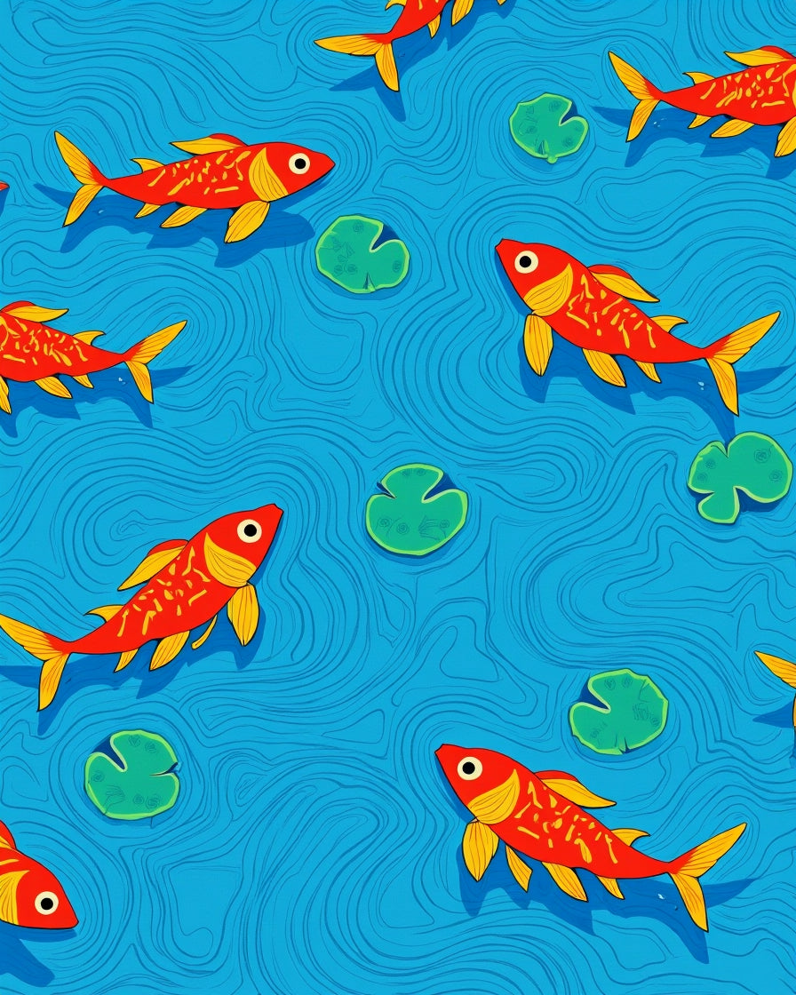 Red Fish Lily Pads Pond Design Rug