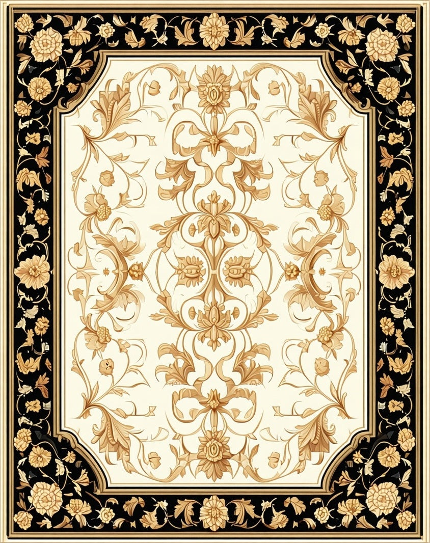 Classic Golden Floral Scroll Pattern Rug