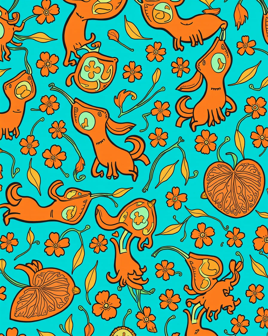 Whimsical Orange Creatures Floral Rug
