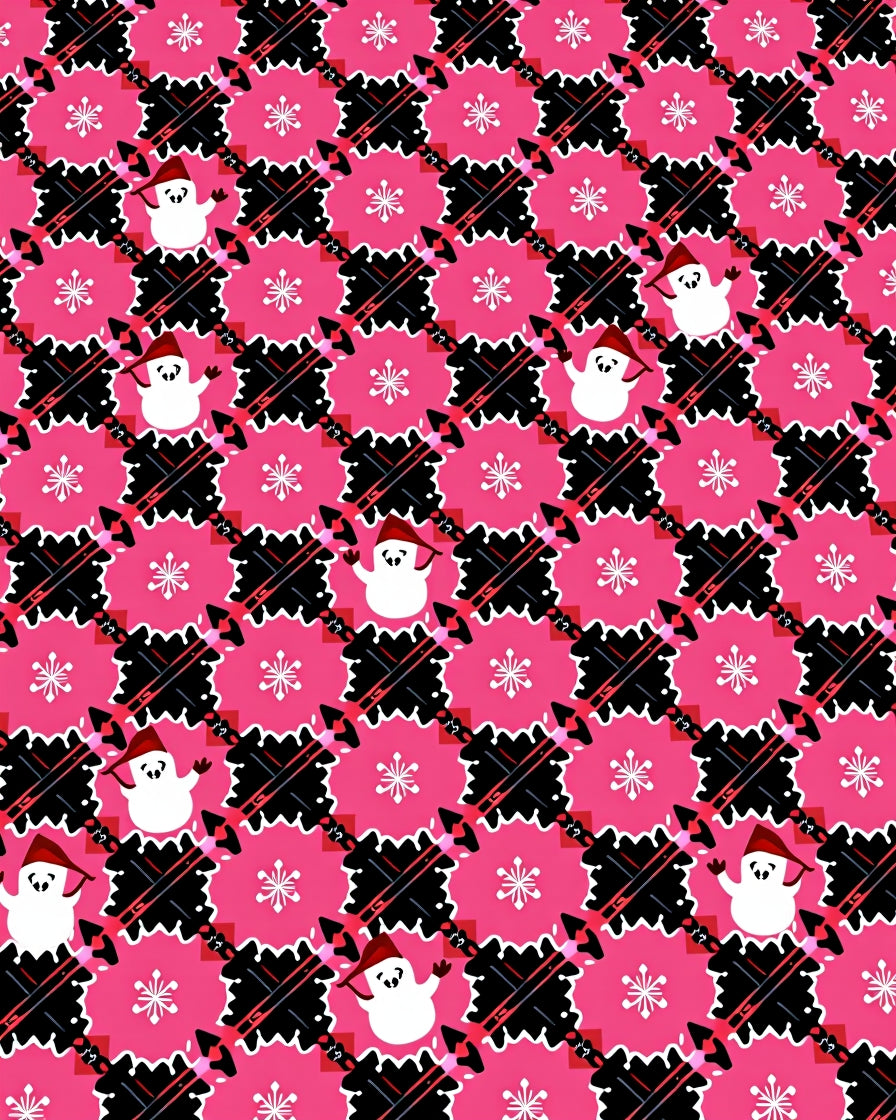 Pink and Black Snowman Snowflake Plaid Rug