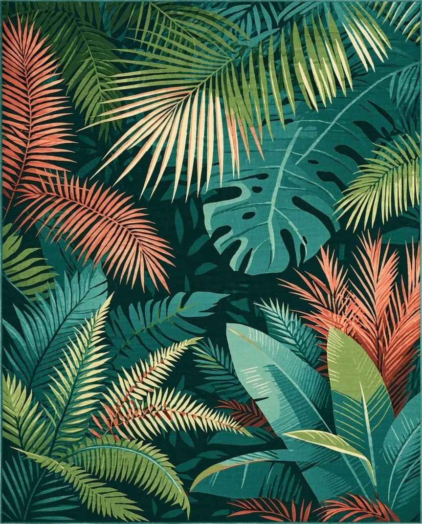 Lush Tropical Foliage Pattern Rug