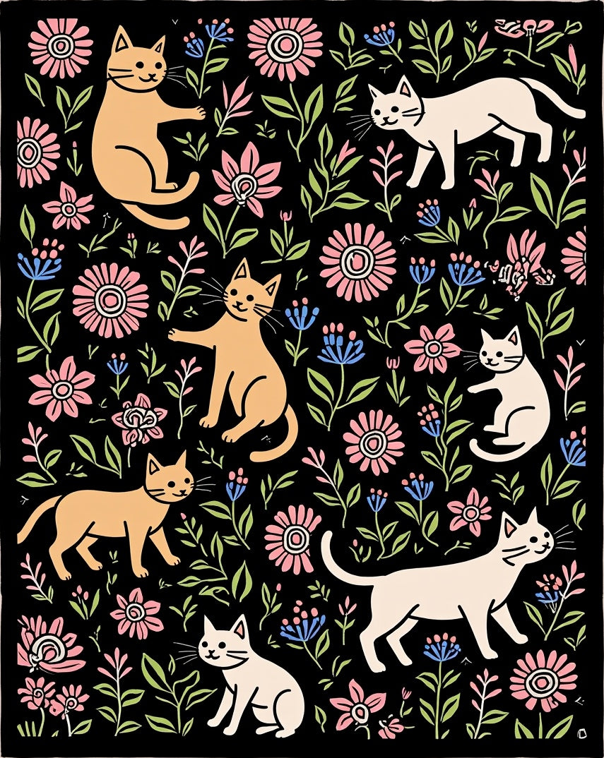 Cute Cats and Floral Blackground Design Rug