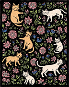 Cute Cats and Floral Blackground Design Rug