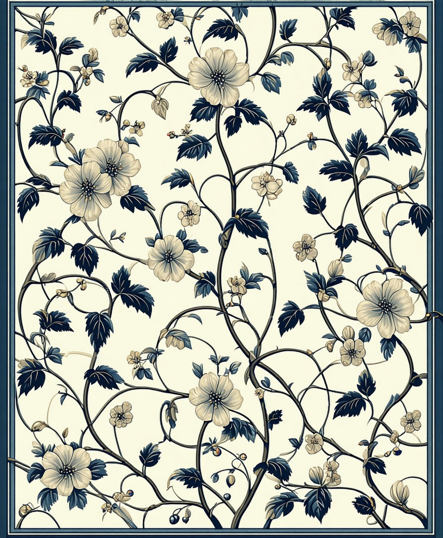 Cream Navy Floral Vine Pattern Rug