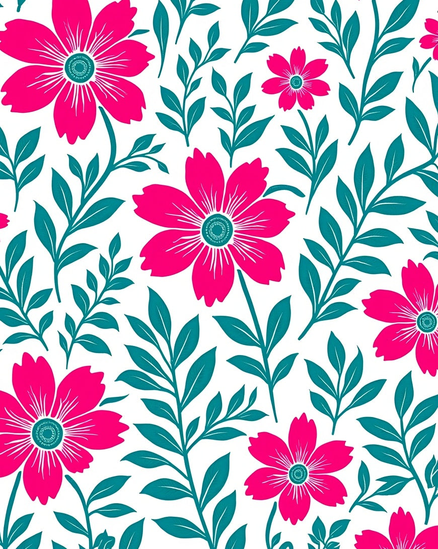 Bold Pink Floral With Teal Leaf Pattern Rug