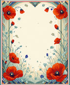 Vibrant Red Poppy Floral Border Tile Rug