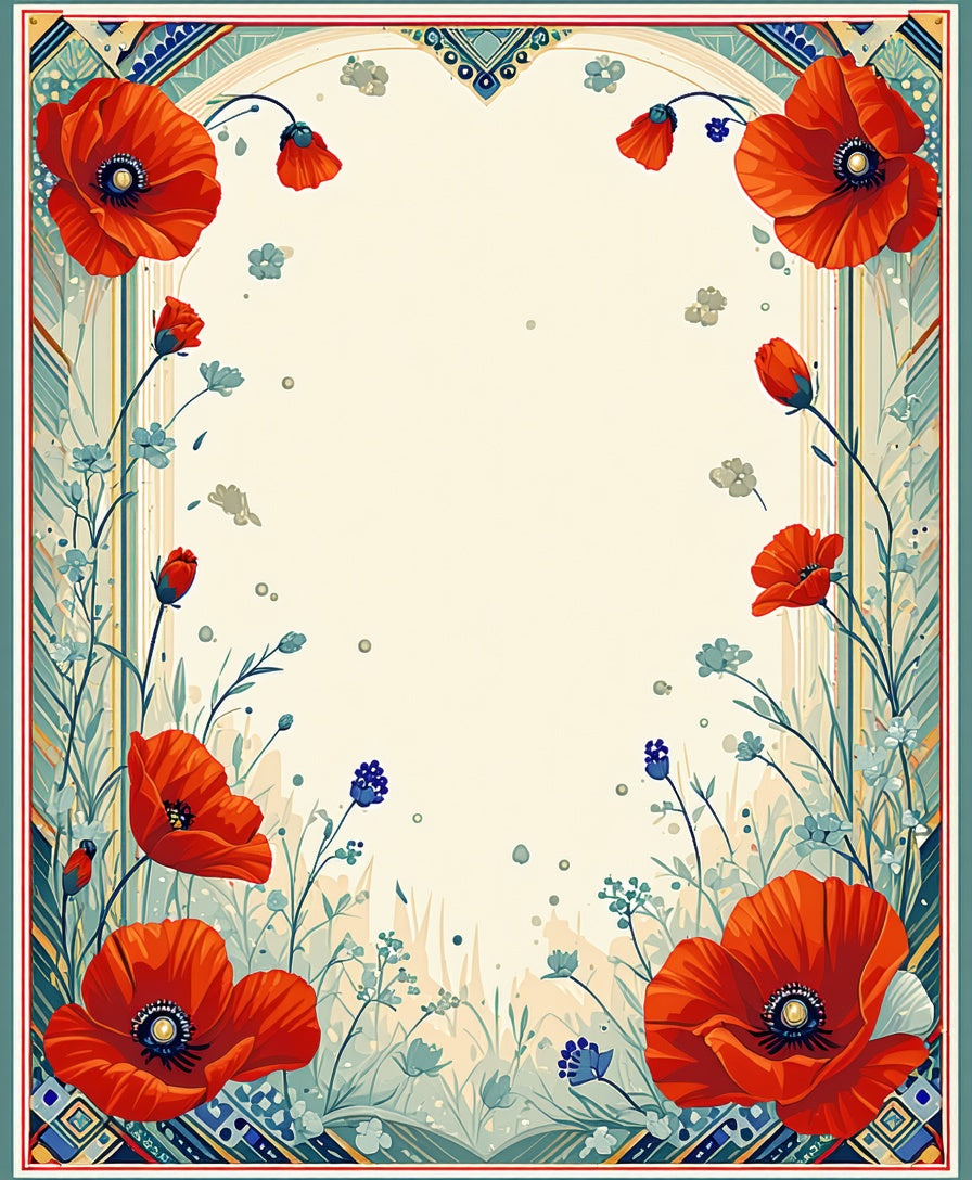 Vibrant Red Poppy Floral Border Tile Rug