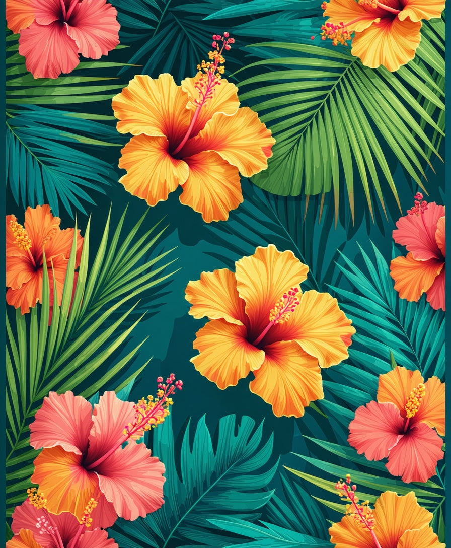 Vibrant Tropical Floral Hibiscus Pattern Rug