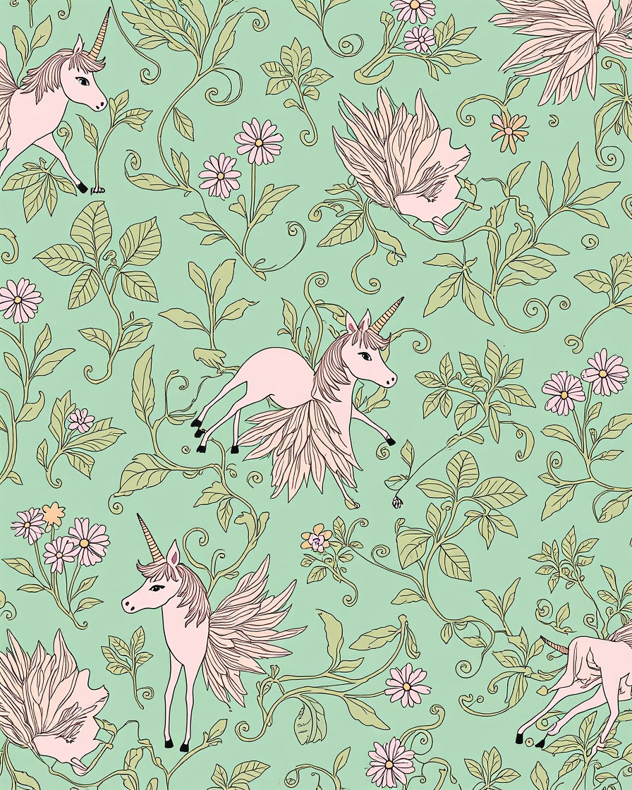 Pink Unicorn Floral Vine Pattern Rug