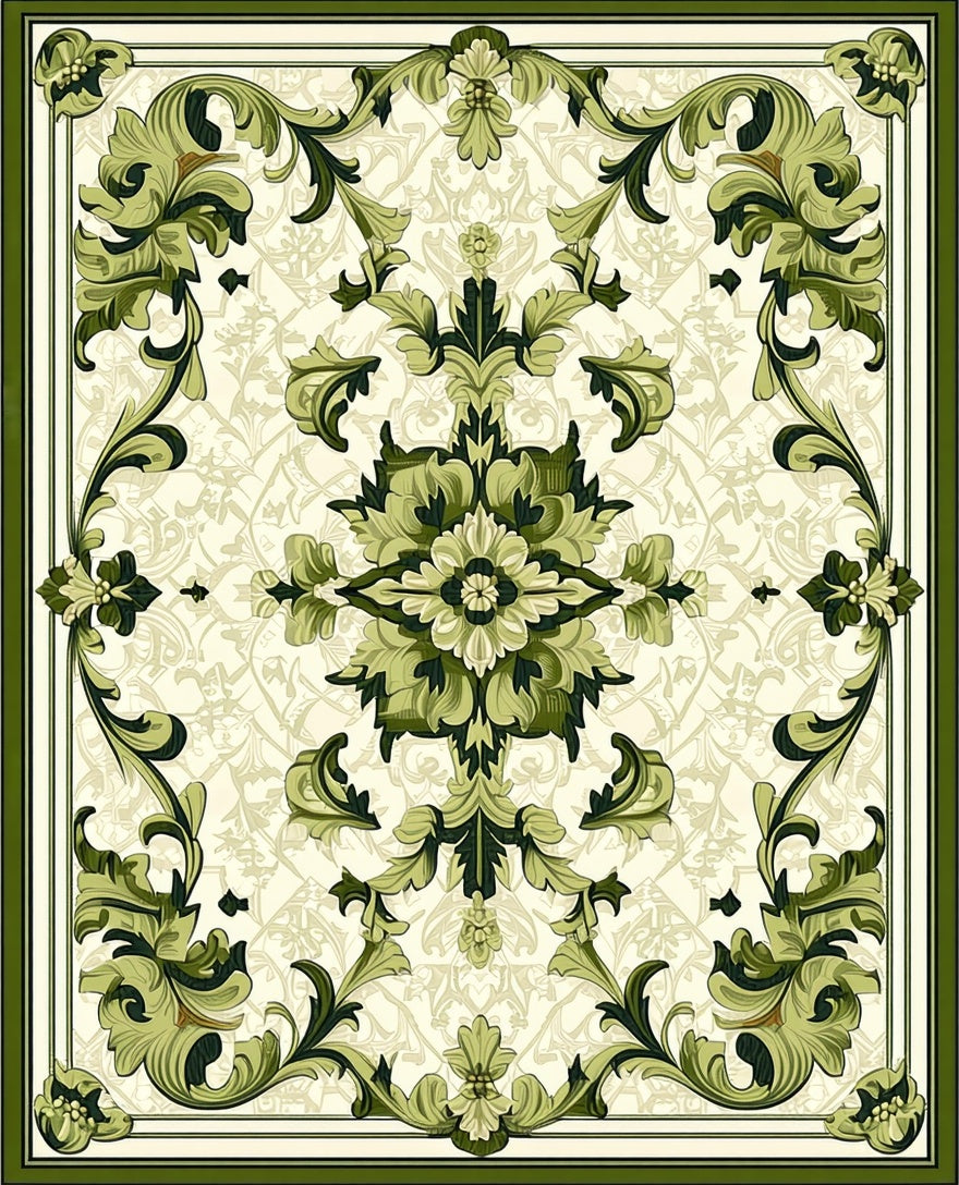 Lush Green Baroque Floral Pattern Rug
