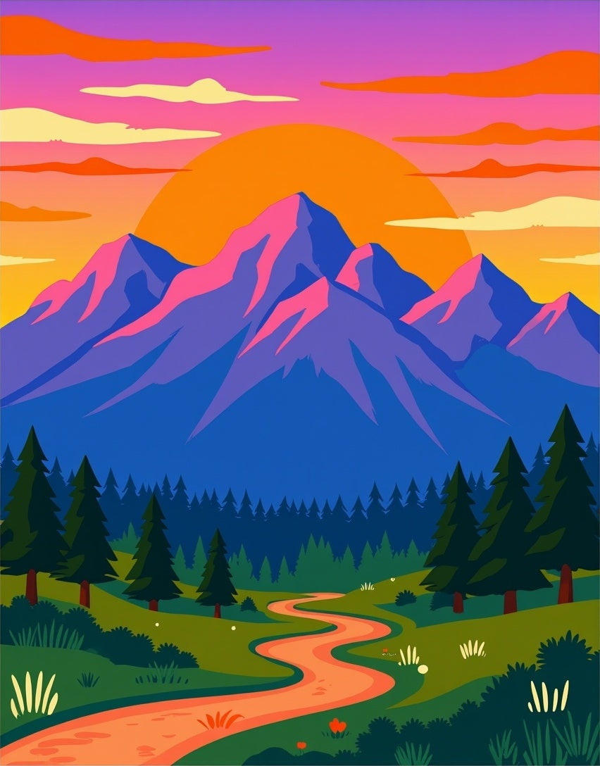Vibrant Mountain Sunset Landscape Design Rug