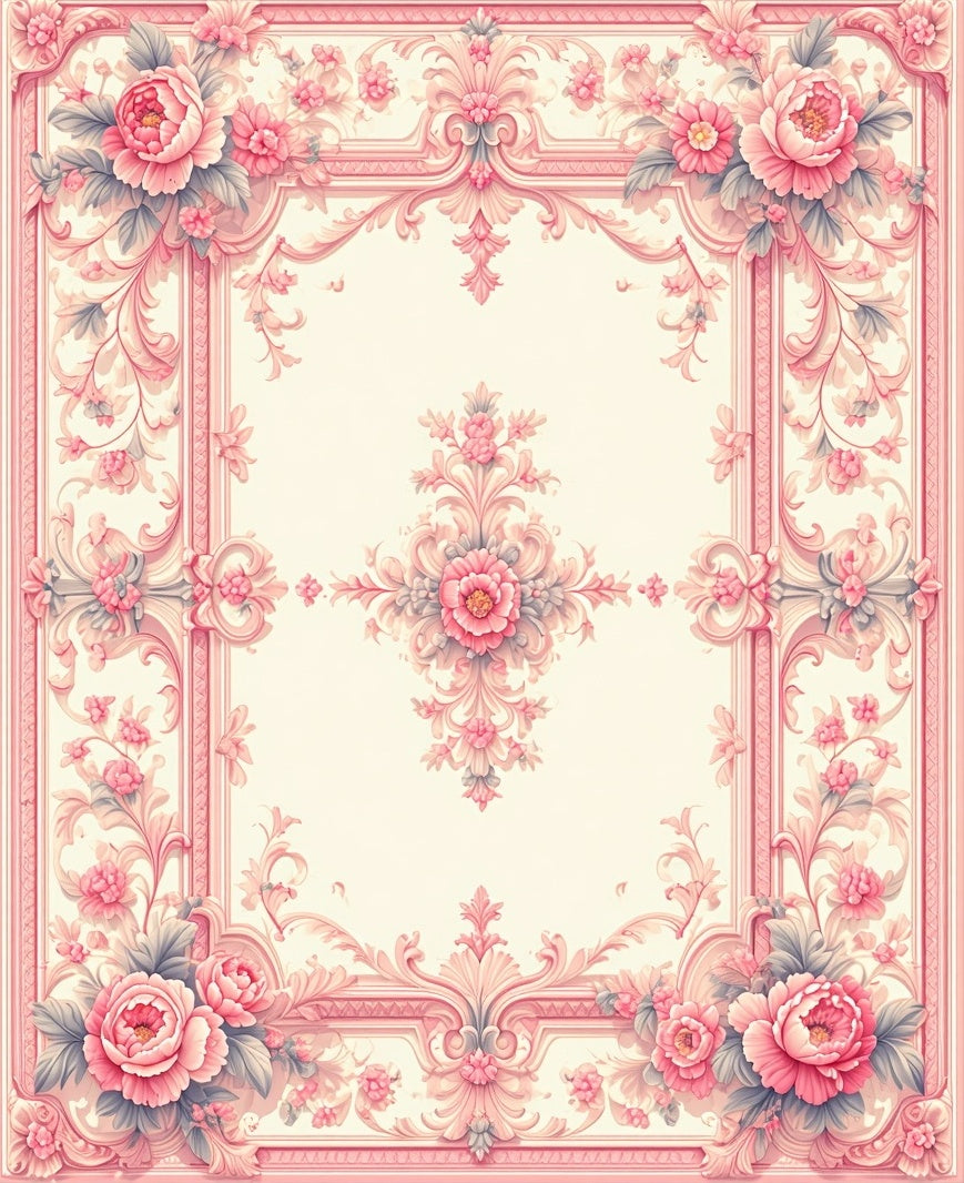 Elegant Pink Floral Scrollwork Pattern Rug