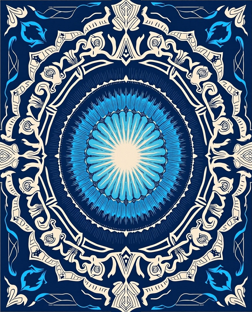 Vibrant Blue Circular Floral Art Rug